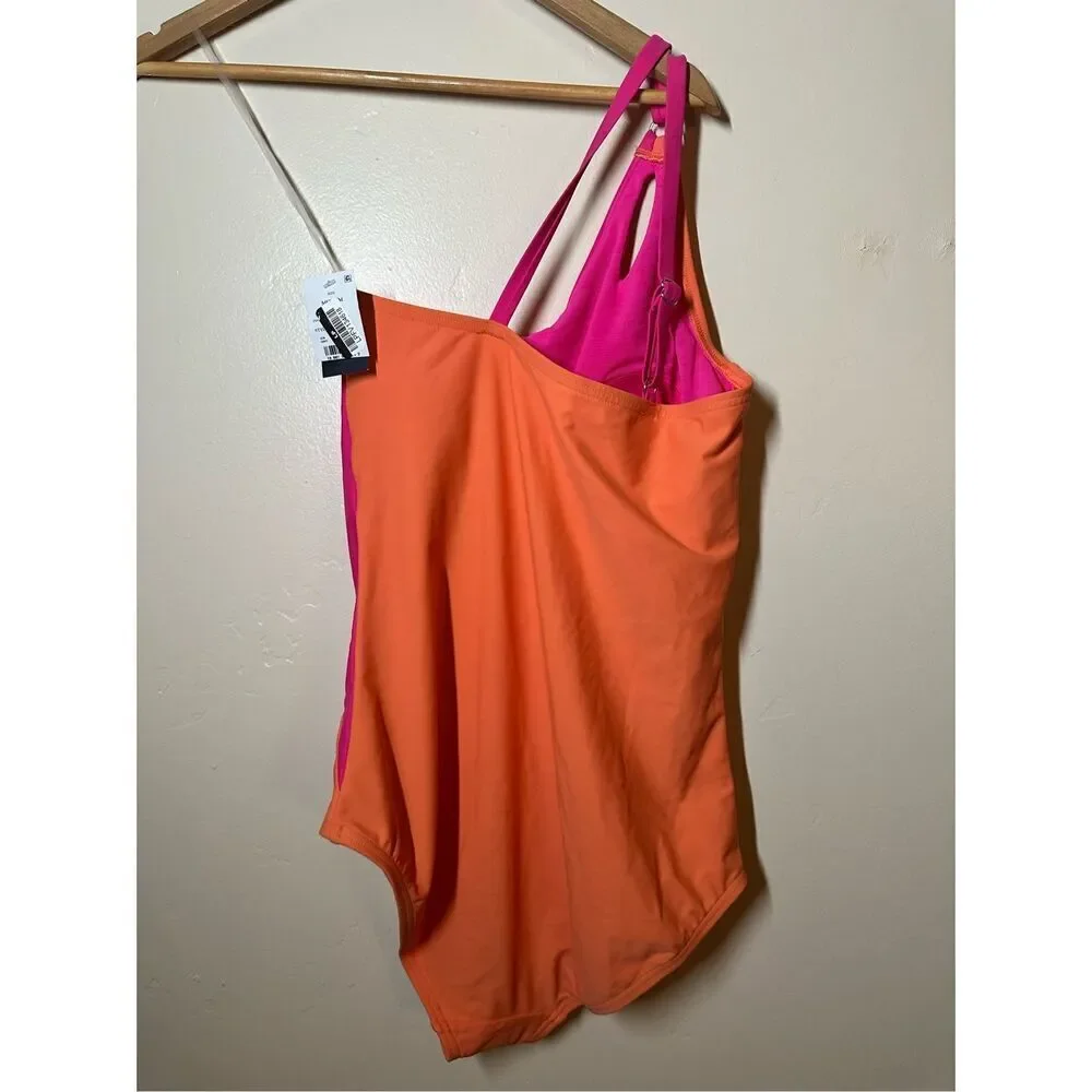 Lands' End Women's One Shoulder Swim One Piece - Pink and Orange